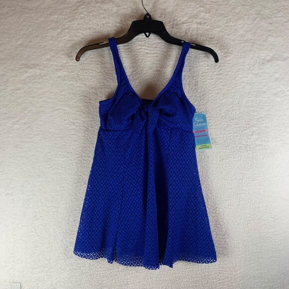 Swim Solutions Womens Blue Crochet Bow Front Tummy Control Swim Dress Size 8 NWT - Picture 1 of 10